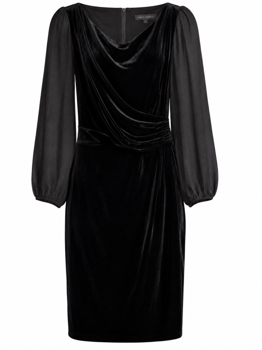Vince Camuto Black Velvet Draped Dress Sheer Balloon Sleeves Size 14 - NWT